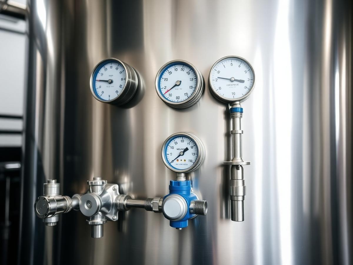 Stainless steel storage tank with pressure gauges and flow meters